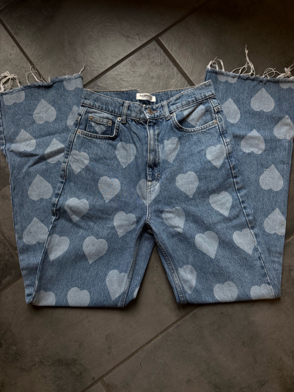 Pull&Bear Blue Denim Wide Leg Jeans with White Heart Print
